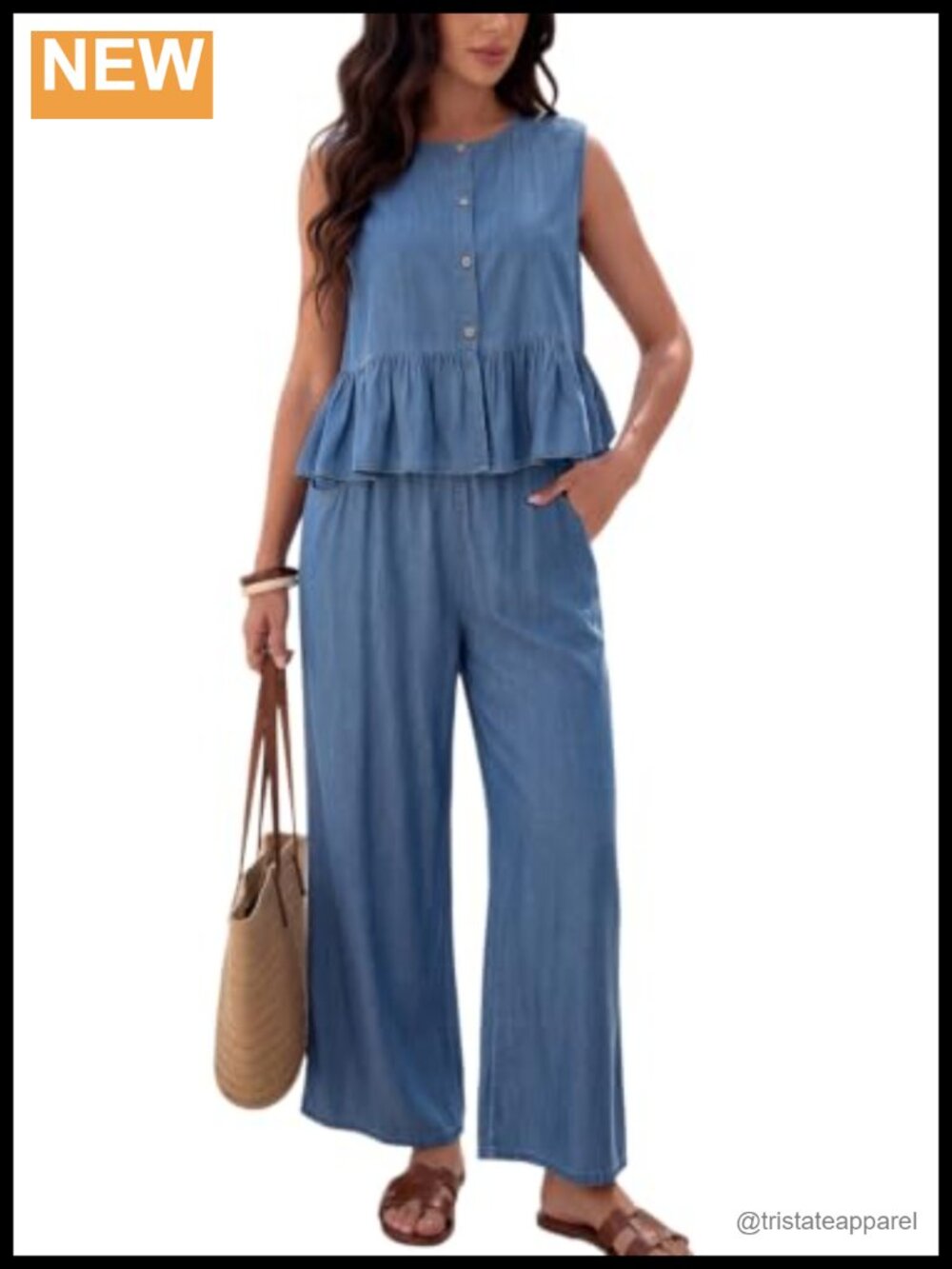 Women's 2 Piece Denim Set Lightweight Sleeveless Peplum Top Crop Capris Wide Leg